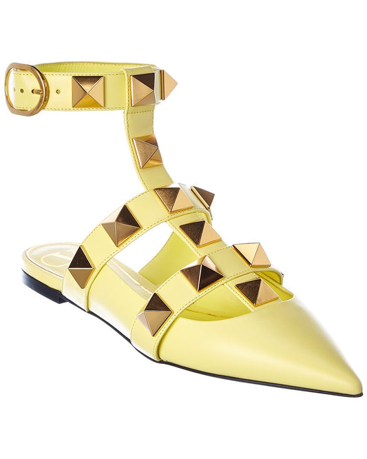 Valentino Roman Stud Leather Ankle Strap Flat Yellow