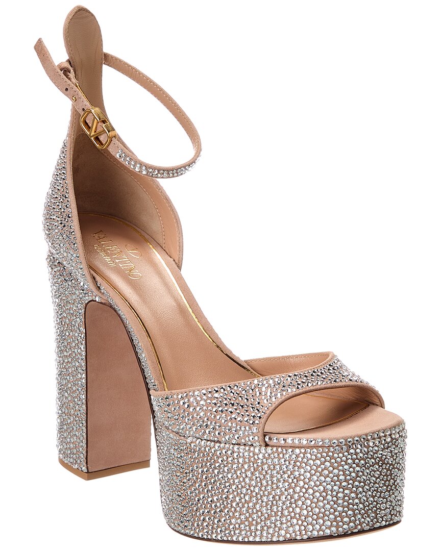 Valentino Tan-Go 155 Suede & Crystal Platform Sandals Pink