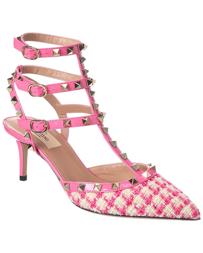 Valentino Rockstud Caged 65 Tweed & Patent Ankle Strap Pump Pink