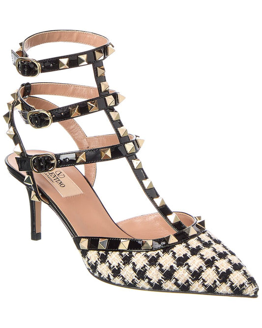 Valentino Rockstud Caged 65 Tweed & Patent Ankle Strap Pump Black
