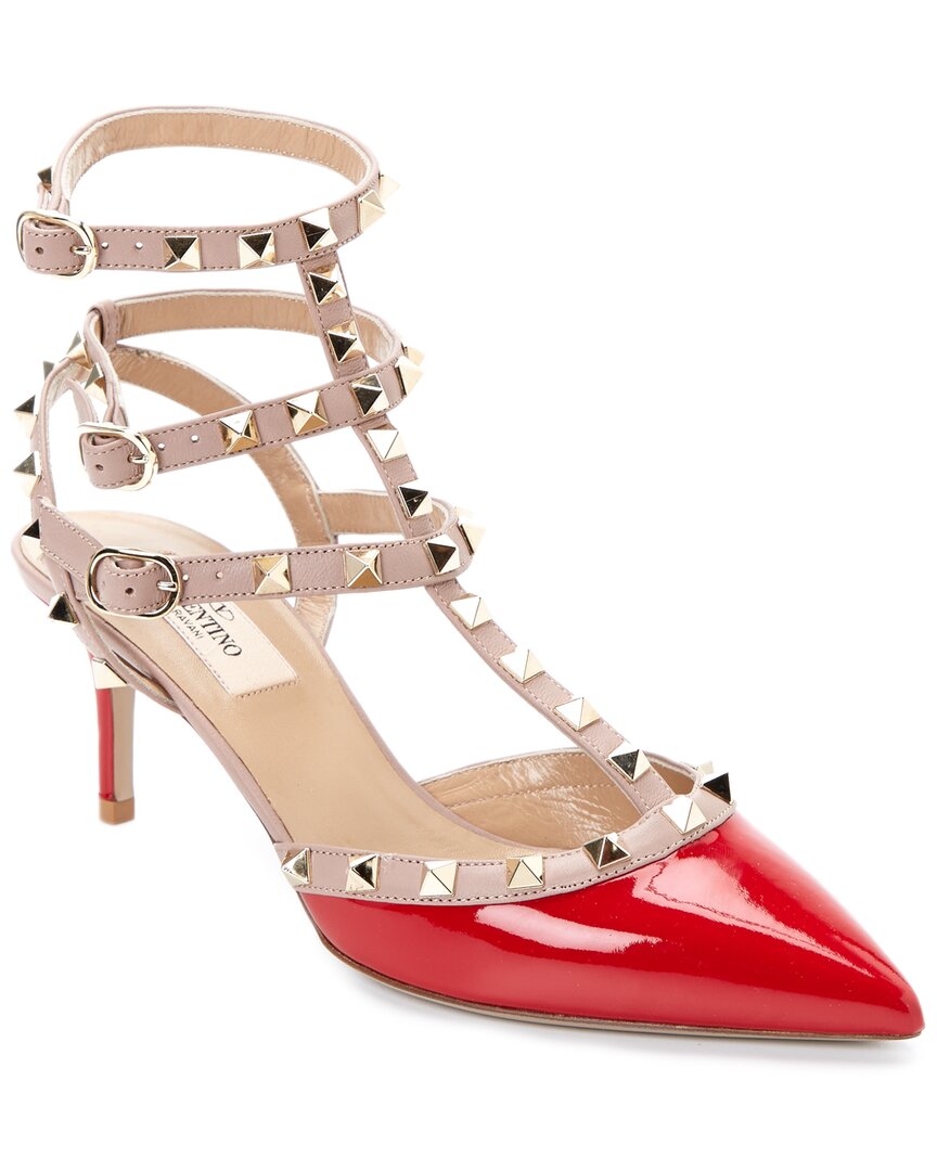 Valentino Rockstud Caged 65 Patent Ankle Strap Pump Red