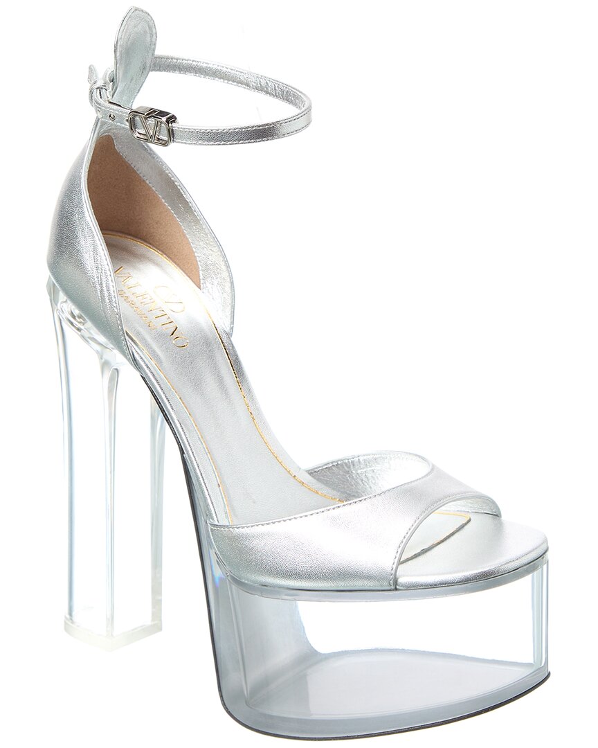 Valentino Vlogo 155 Leather Platform Sandal Silver