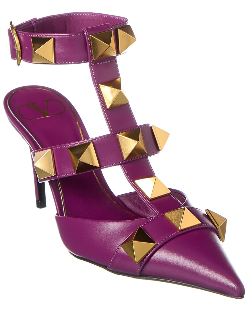 Valentino Roman Stud 80 Leather Ankle Strap Pump Purple