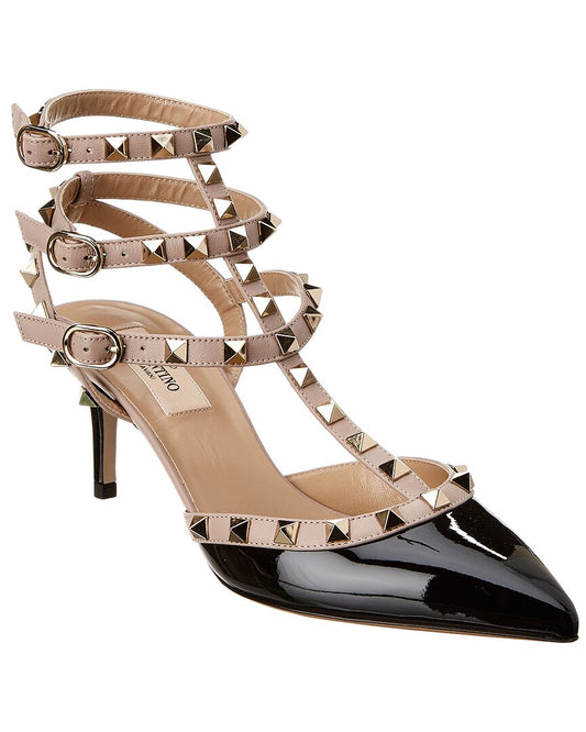 Valentino Rockstud Caged 65 Patent Ankle Strap Pump Black