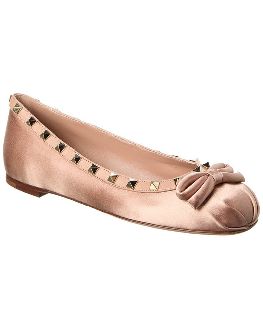 Valentino Rockstud Satin & Leather Ballerina Flat Pink