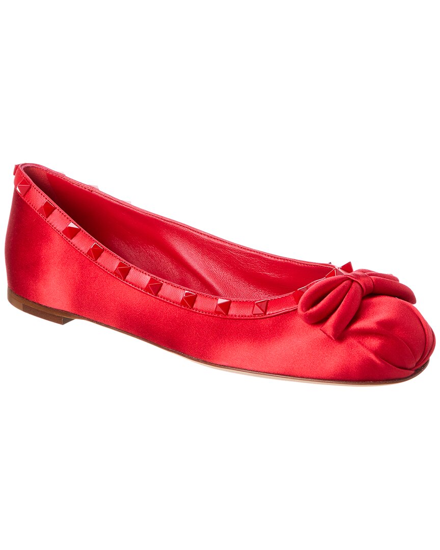 Valentino Rockstud Satin & Leather Ballerina Flat Red