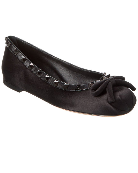 Valentino Rockstud Satin & Leather Ballerina Flat Black