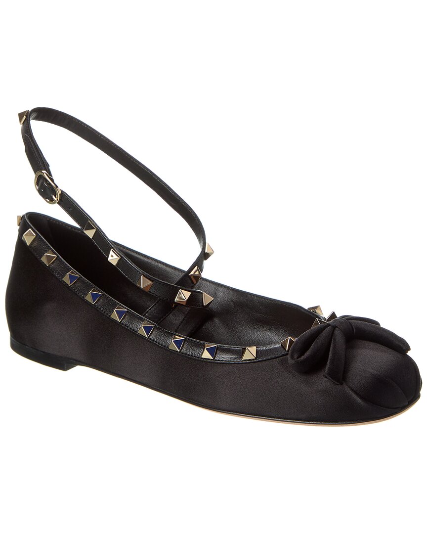Valentino Rockstud Satin & Leather Ankle Strap Ballerina Flat Black