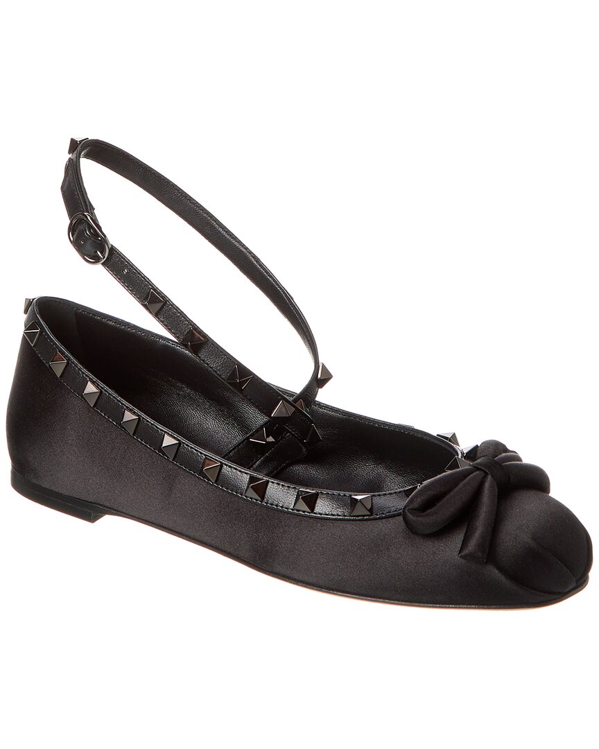 Valentino Rockstud Satin & Leather Ankle Strap Ballerina Flat Black