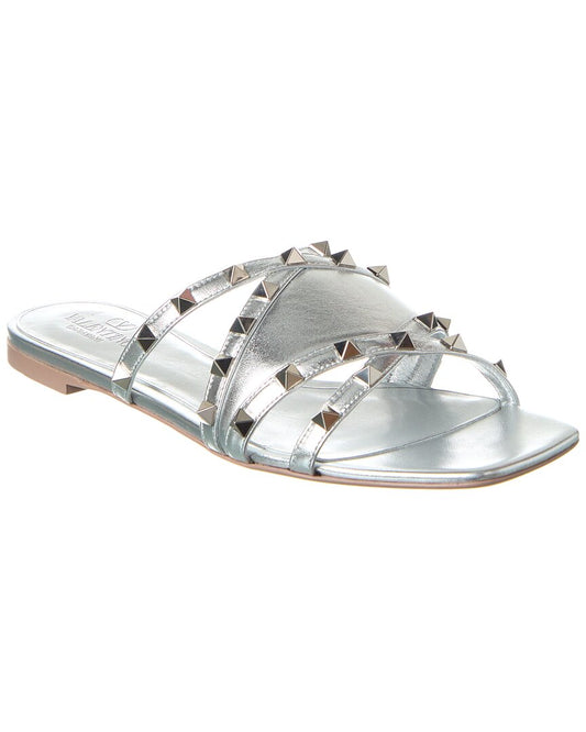 Valentino Rockstud Leather Sandal Silver