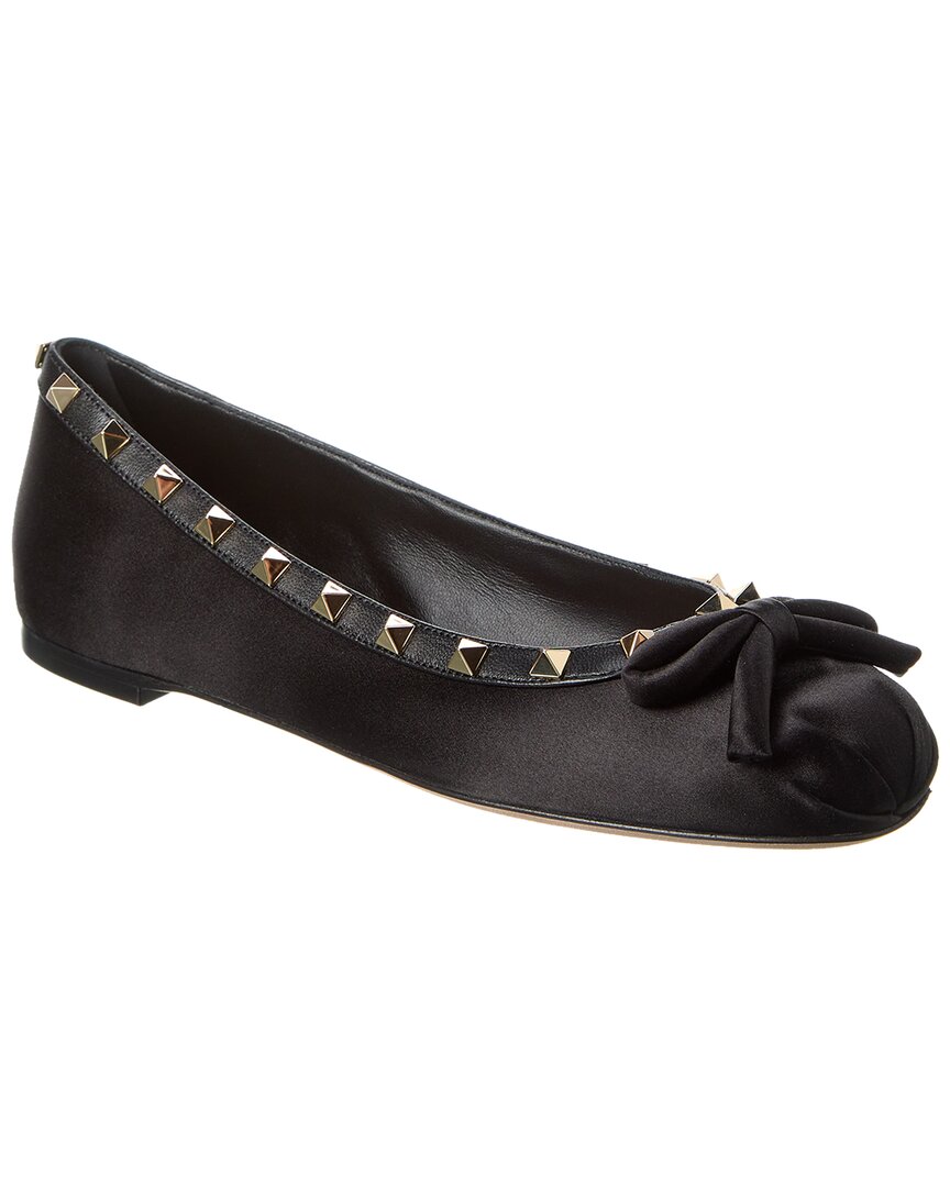 Valentino Rockstud Satin & Leather Ballerina Flat Black