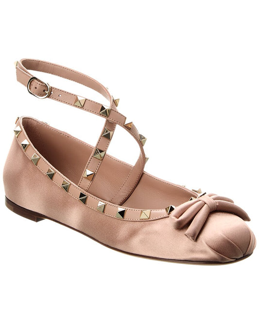 Valentino Rockstud Satin & Leather Ankle Strap Ballerina Flat Pink