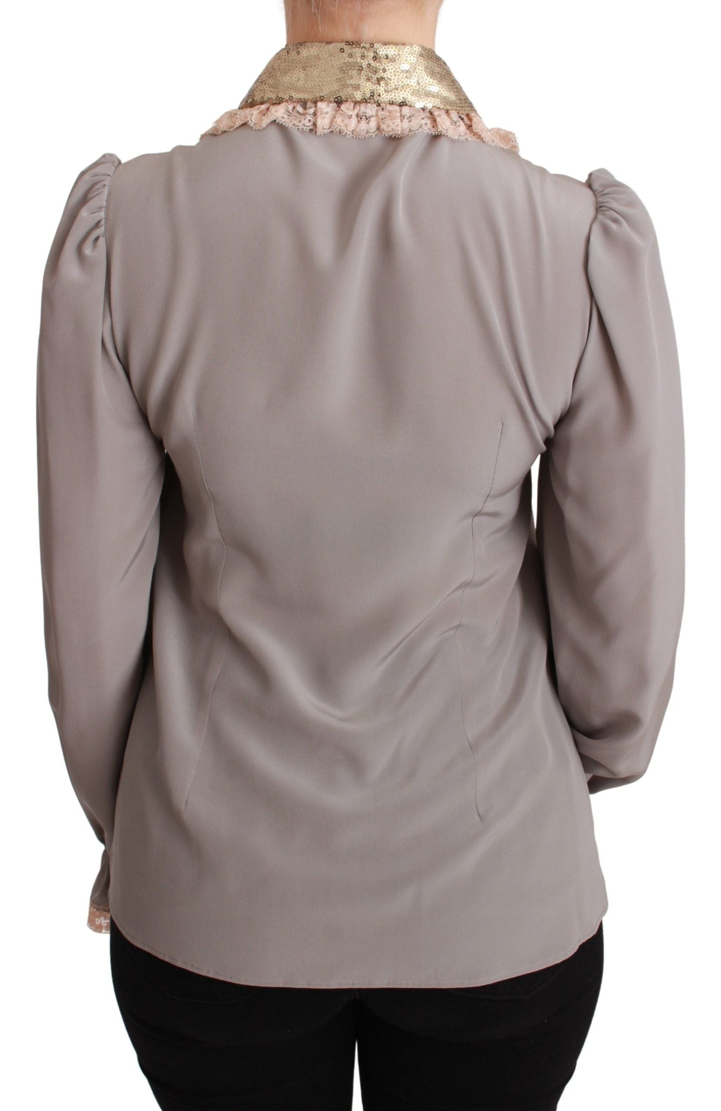 Dolce & Gabbana Gray Silk Gold Sequin Lace Blouse Women's Shirt