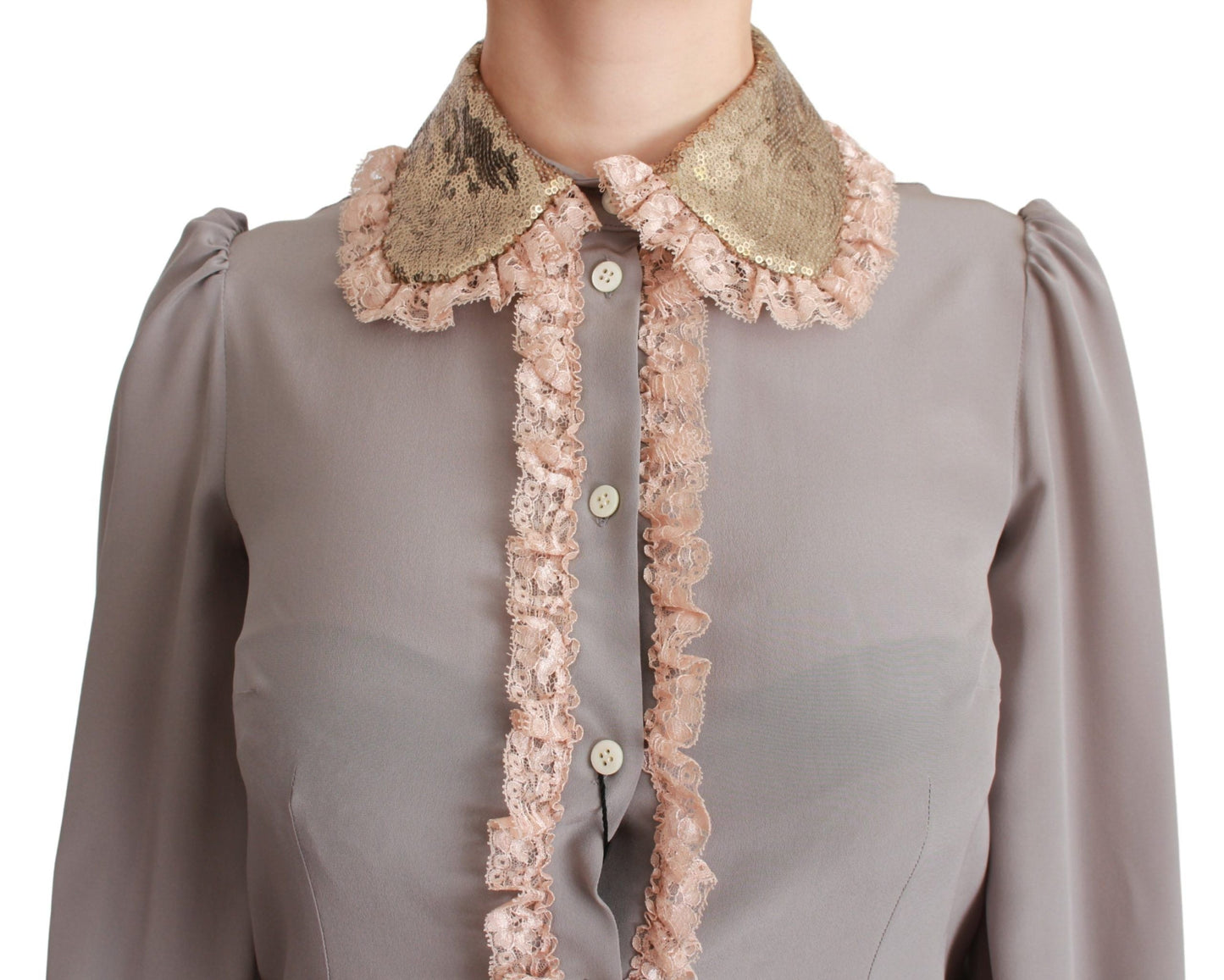 Dolce & Gabbana Gray Silk Gold Sequin Lace Blouse Women's Shirt