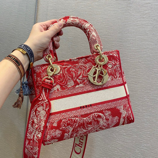 DIOR MEDIUM LADY D-LITE 24 RED MULTI COLOR EMBROIDERY