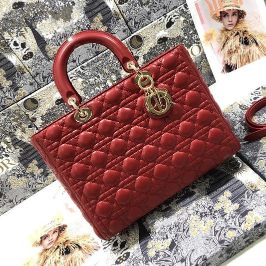 DIOR LARGE LADY BAG 32CM RED CANNAGE LAMBSKIN