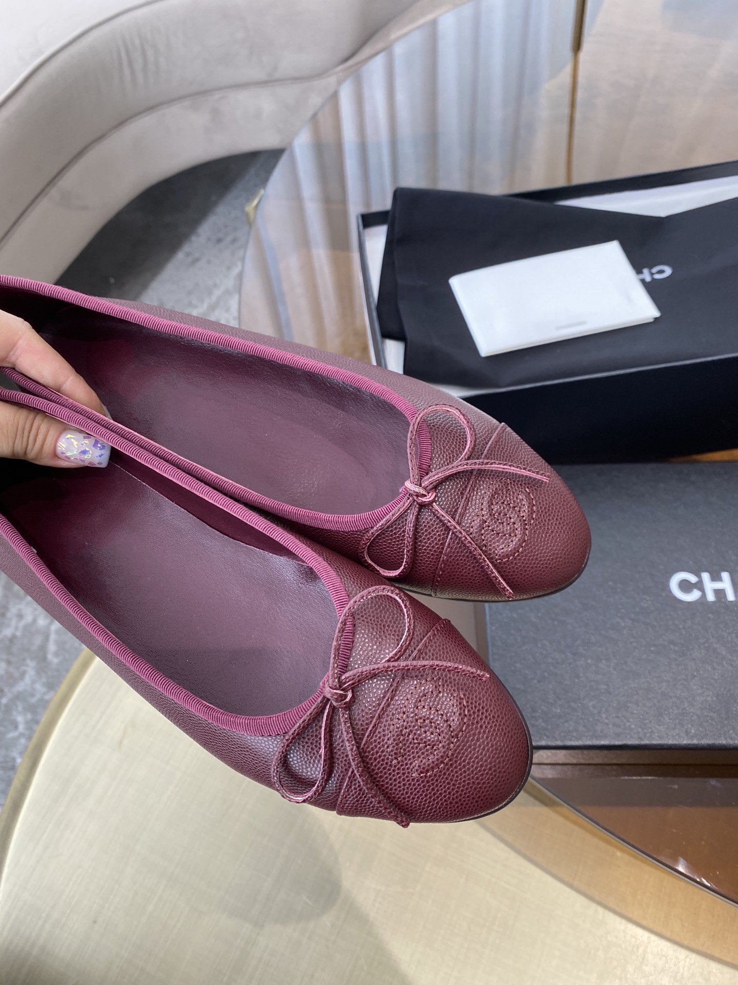 CHANEL ballet flats burgundy grained calfskin