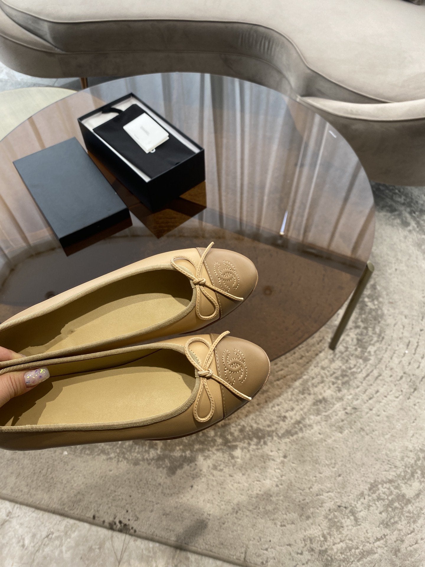 CHANEL ballet flats beige brown lambskin