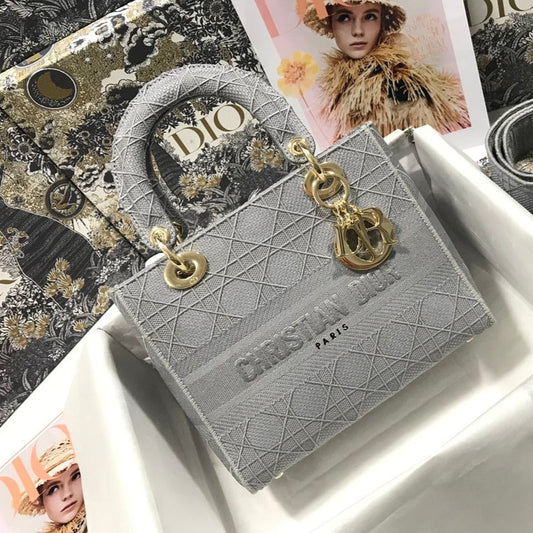 DIOR MEDIUM LADY D-LITE 24 GRAY CANNAGE EMBROIDERY