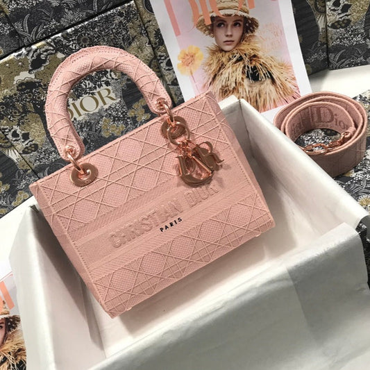 DIOR MEDIUM LADY D-LITE 24 PINK CANNAGE EMBROIDERY