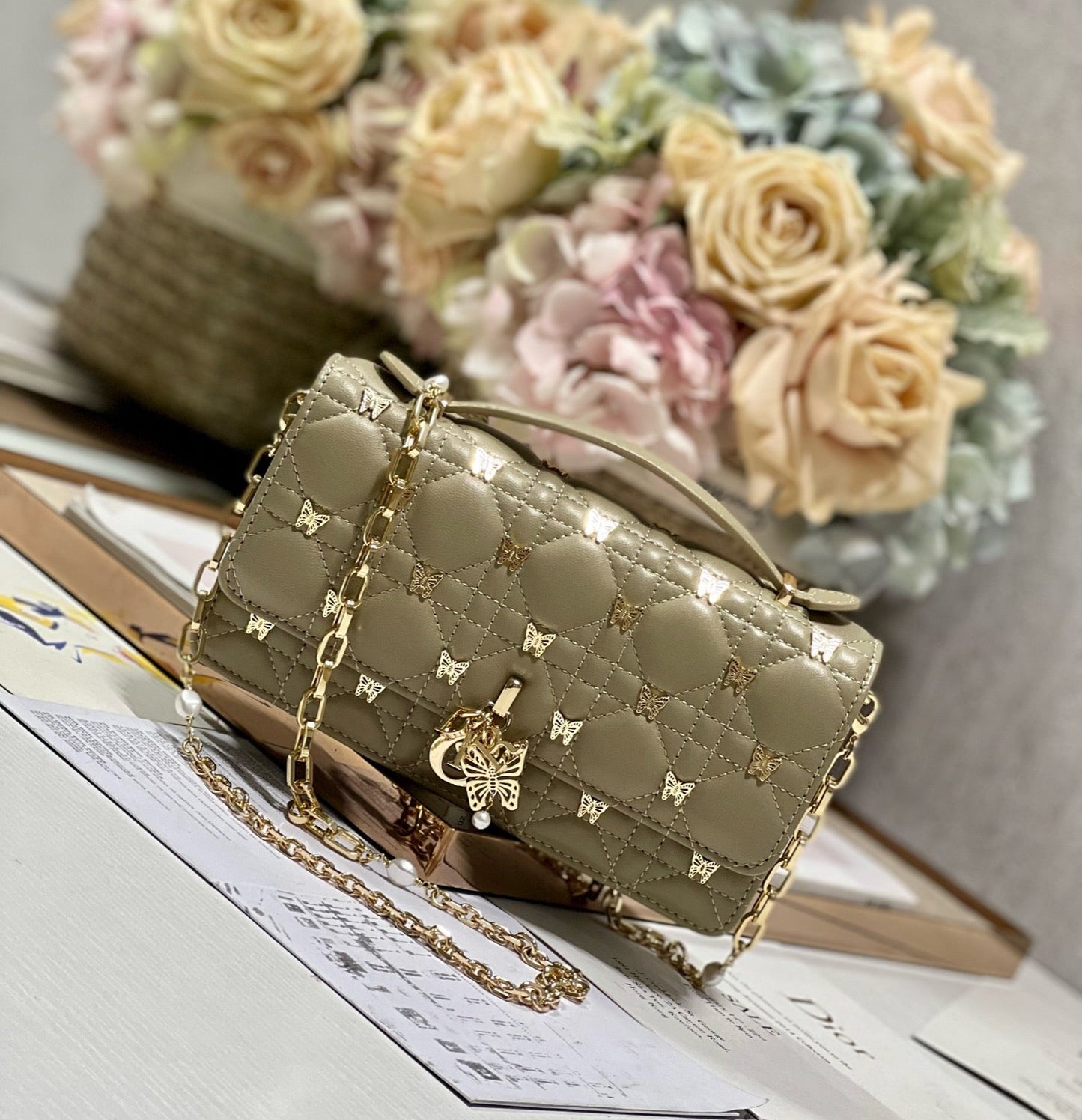 DIOR MISS LADY 21 BUTTERFLY STUD OLIVE LAMBSKIN