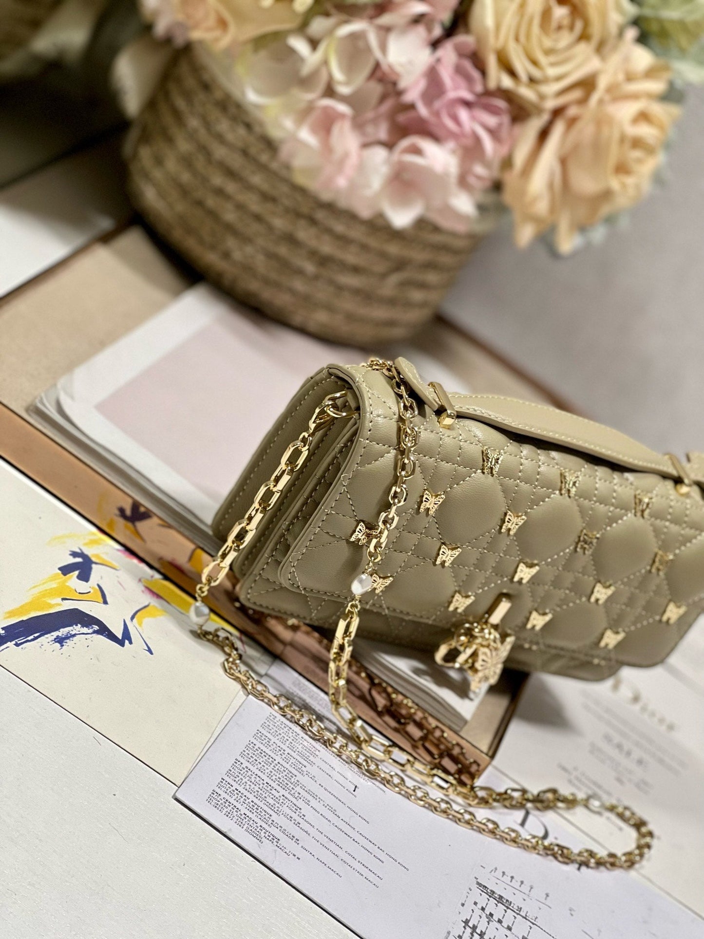 DIOR MISS LADY 21 BUTTERFLY STUD OLIVE LAMBSKIN
