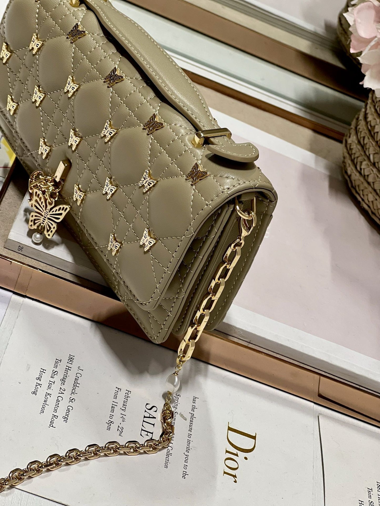 DIOR MISS LADY 21 BUTTERFLY STUD OLIVE LAMBSKIN