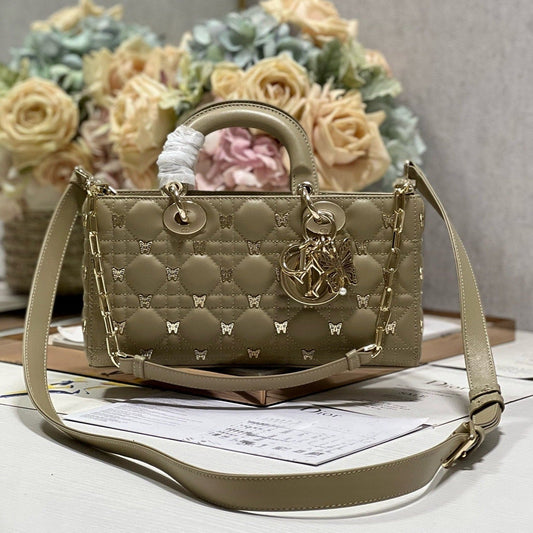 DIOR MEDIUM LADY D-JOY 26 BUTTERFLY STUD OLIVE LAMBSKIN