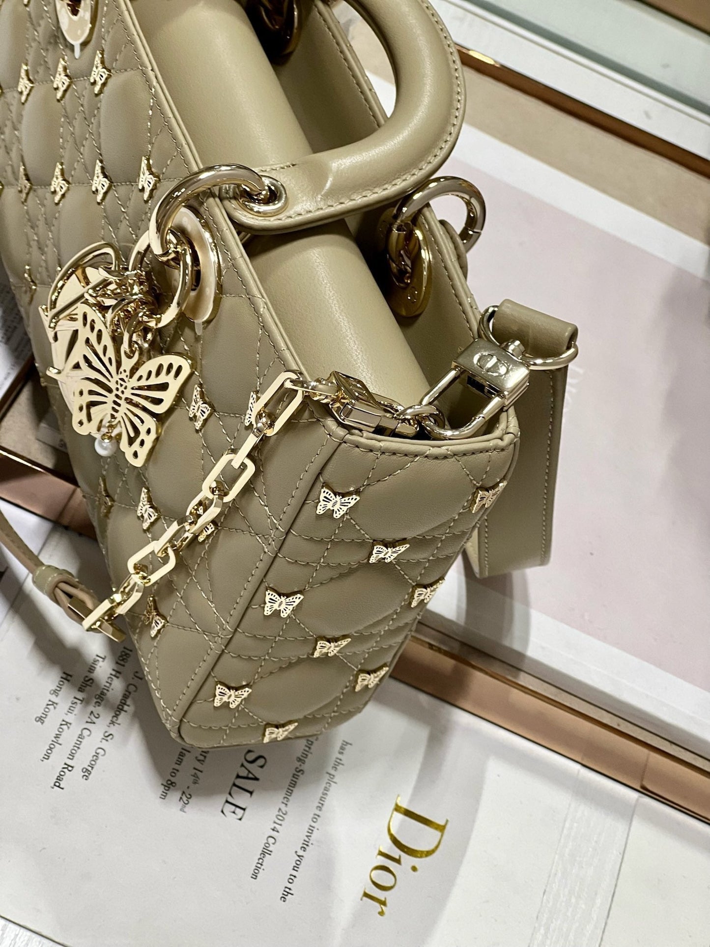 DIOR MEDIUM LADY D-JOY 26 BUTTERFLY STUD OLIVE LAMBSKIN