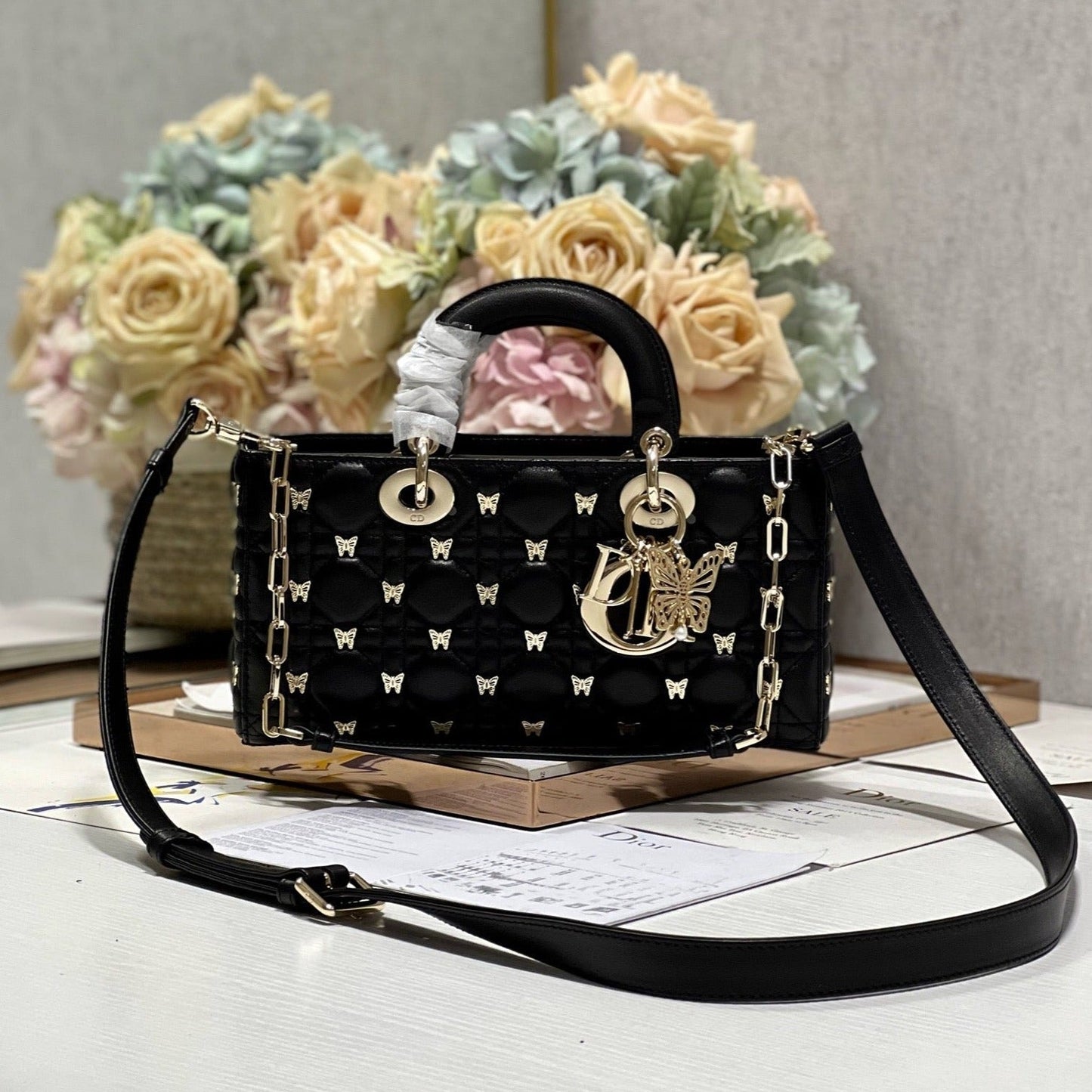 DIOR MEDIUM LADY D-JOY 26 BUTTERFLY STUD BLACK LAMBSKIN
