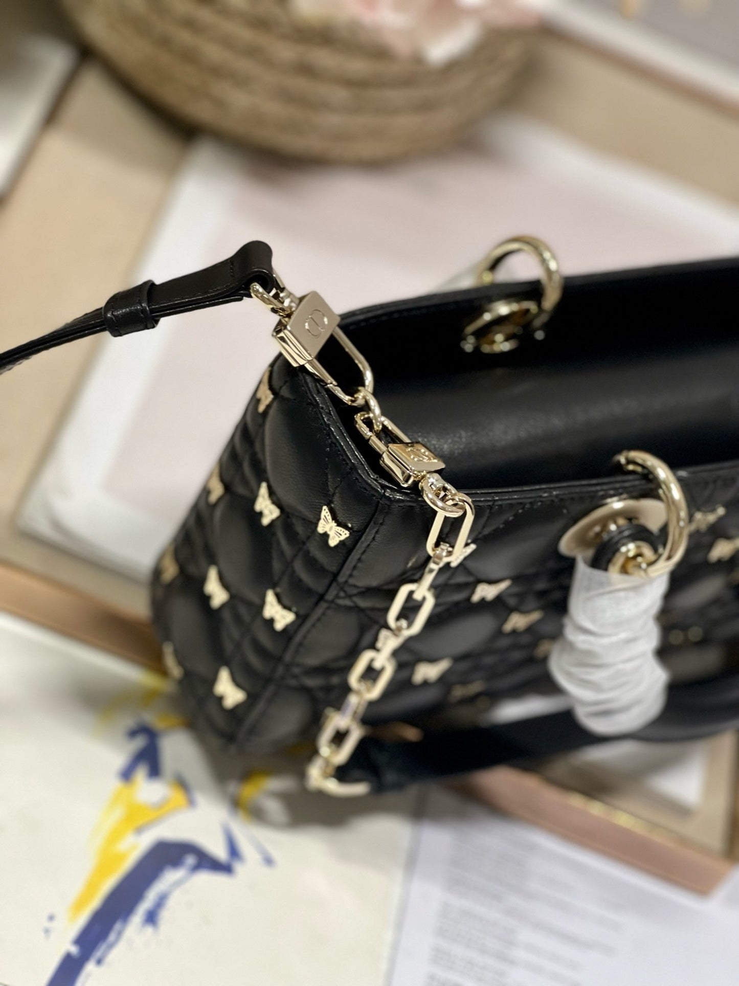DIOR MEDIUM LADY D-JOY 26 BUTTERFLY STUD BLACK LAMBSKIN
