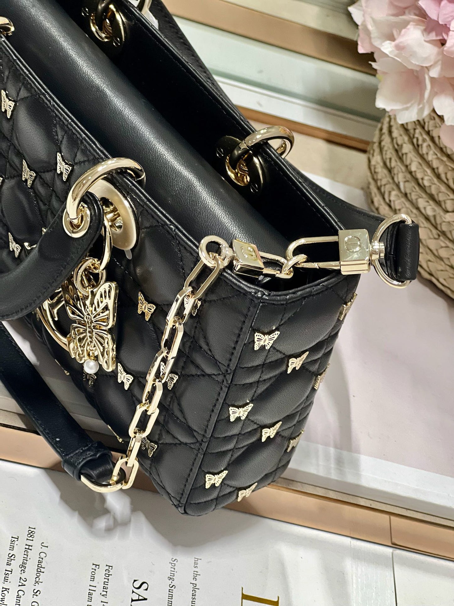 DIOR MEDIUM LADY D-JOY 26 BUTTERFLY STUD BLACK LAMBSKIN
