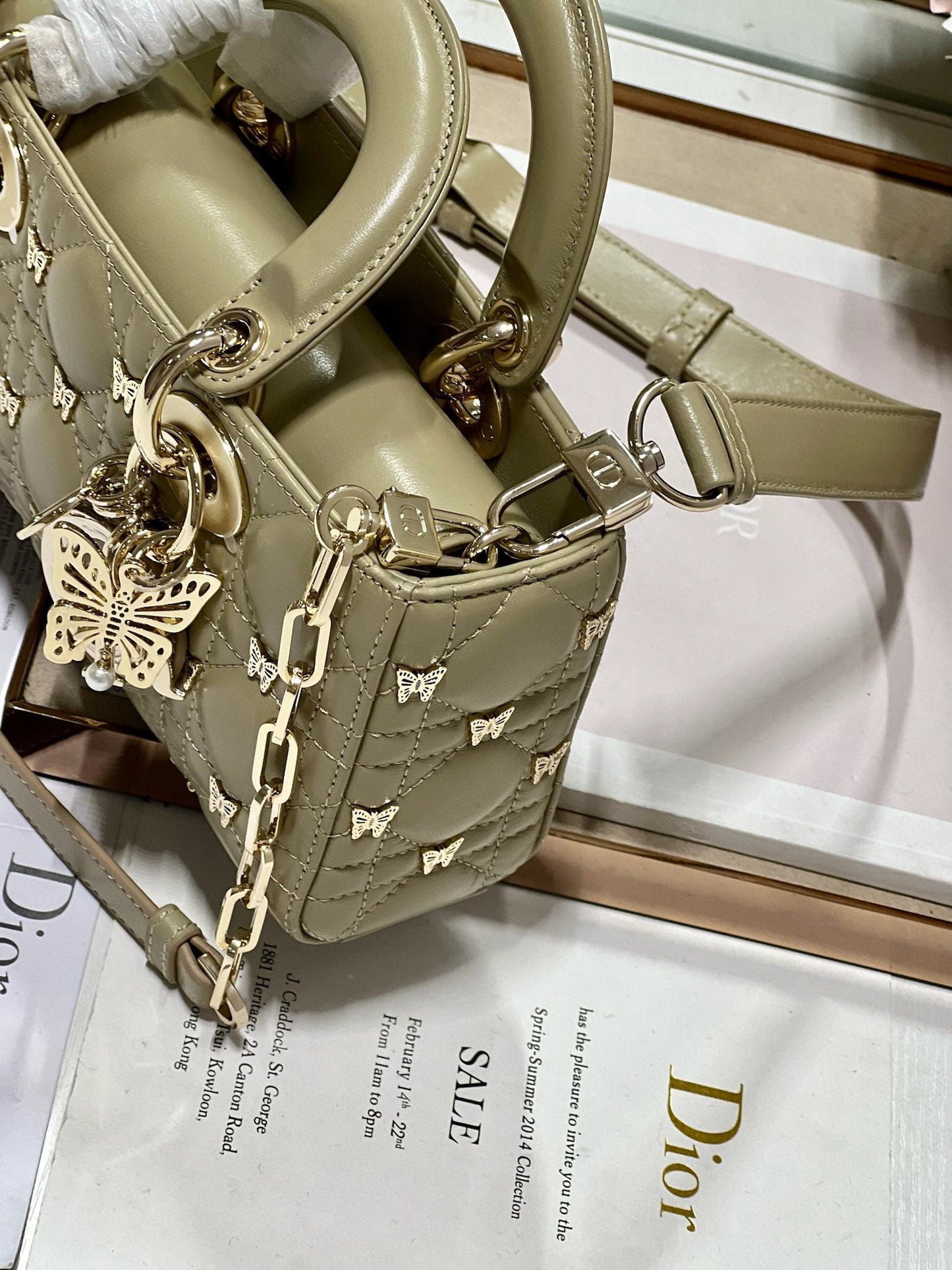 DIOR SMALL LADY D-JOY 22 BUTTERFLY STUD OLIVE LAMBSKIN