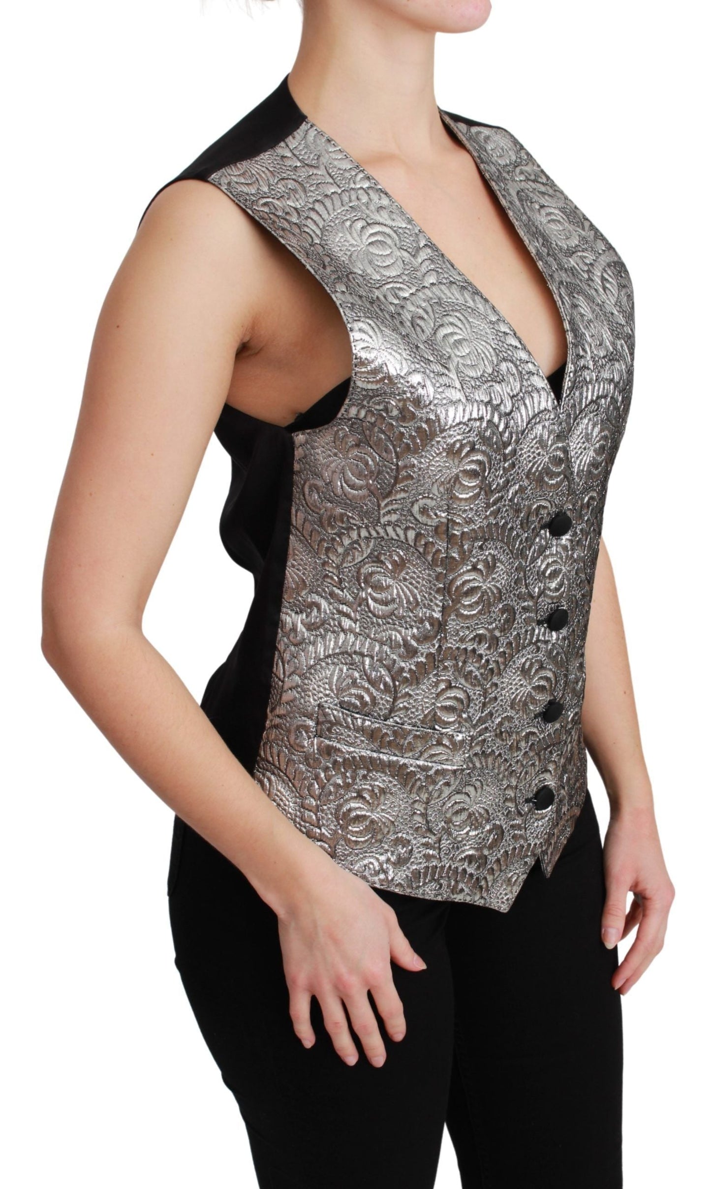 Dolce & Gabbana Silver Brocade Sleeveless Metallic Women's Top