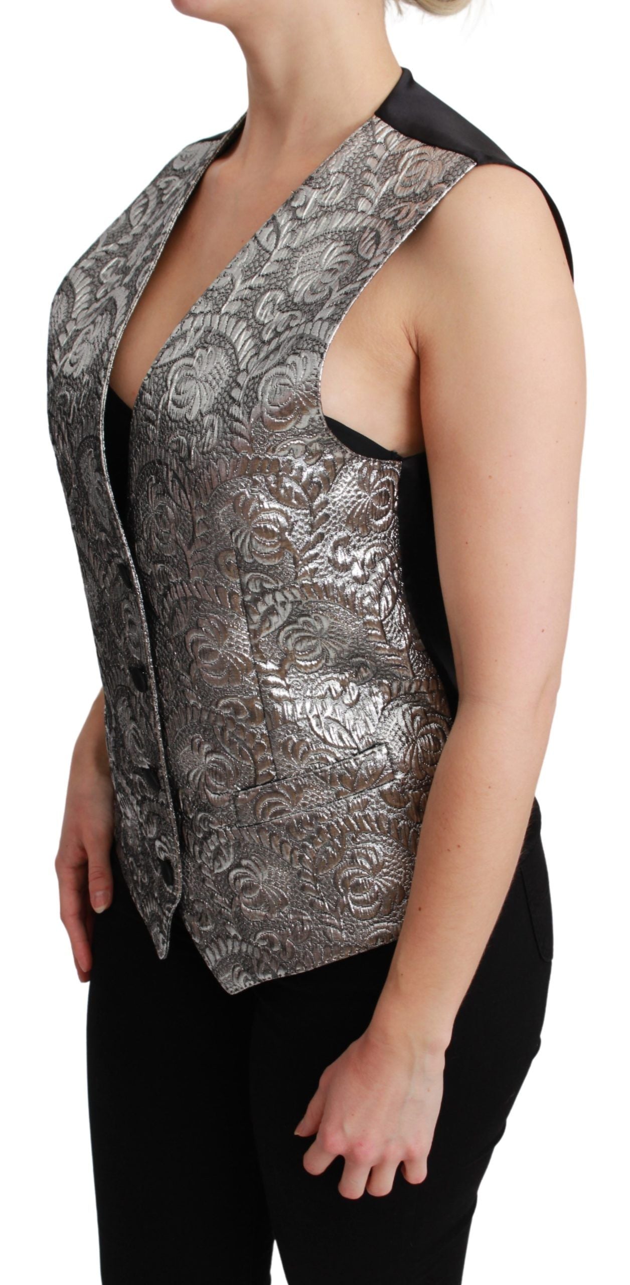 Dolce & Gabbana Silver Brocade Sleeveless Metallic Women's Top