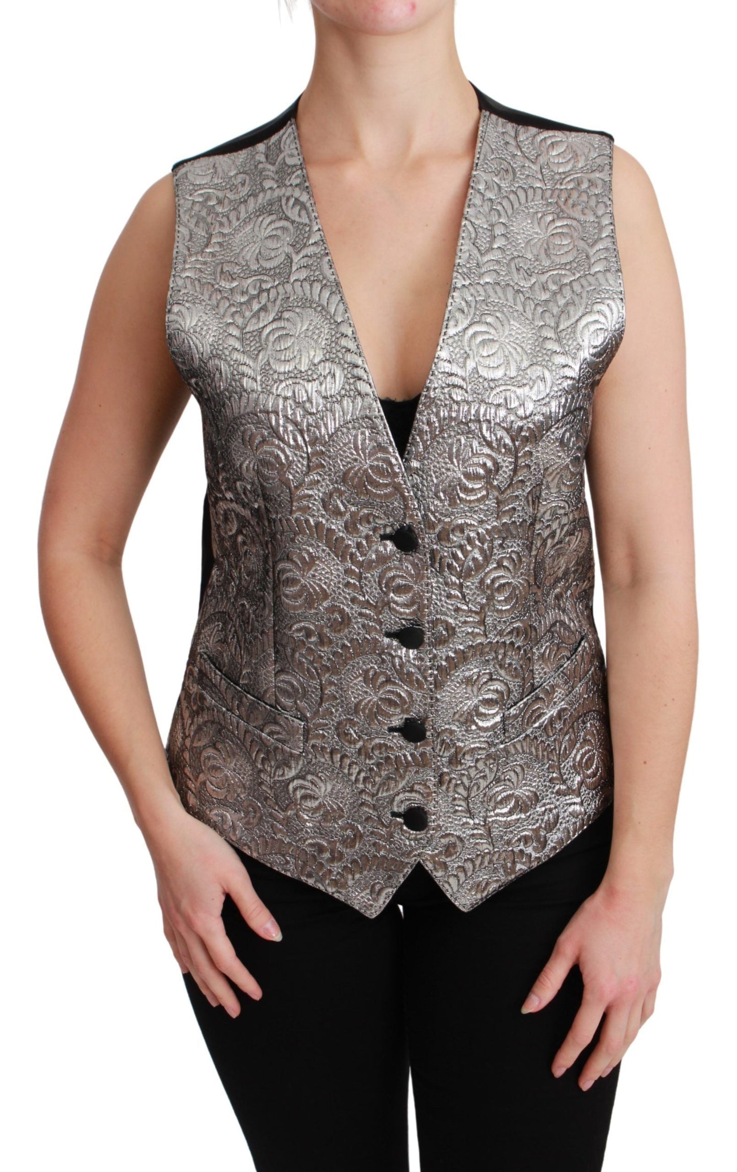 Dolce & Gabbana Silver Brocade Sleeveless Metallic Women's Top