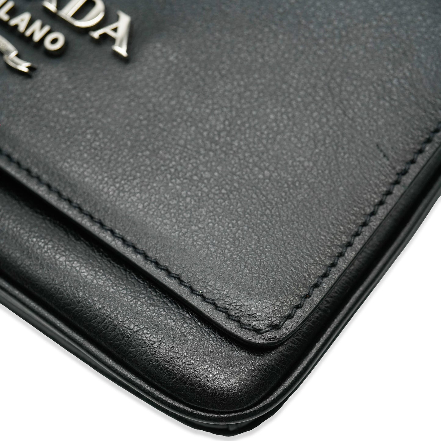 PRADA - Black Calfskin Logo Flap Chain Crossbody