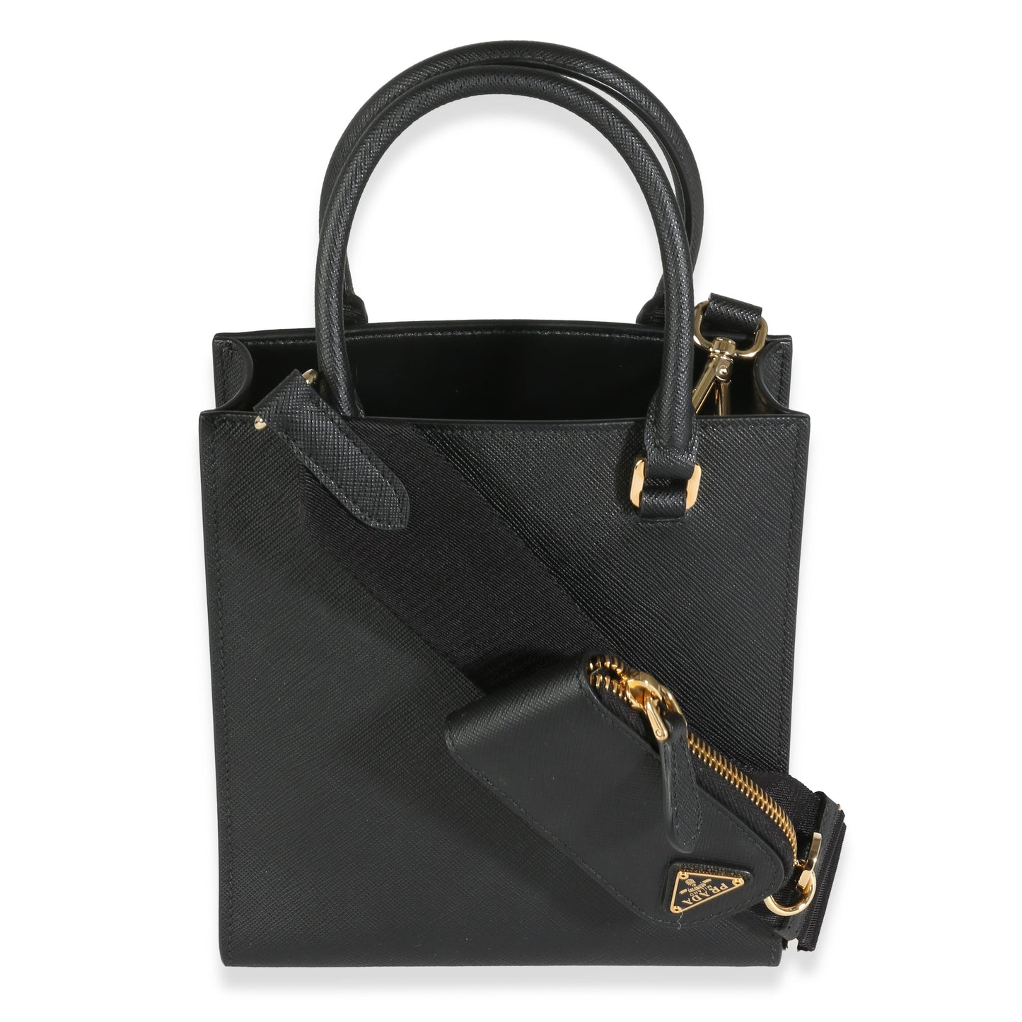 PRADA - Black Saffiano Lux Embossed Logo Mini Tote Crossbody Bag