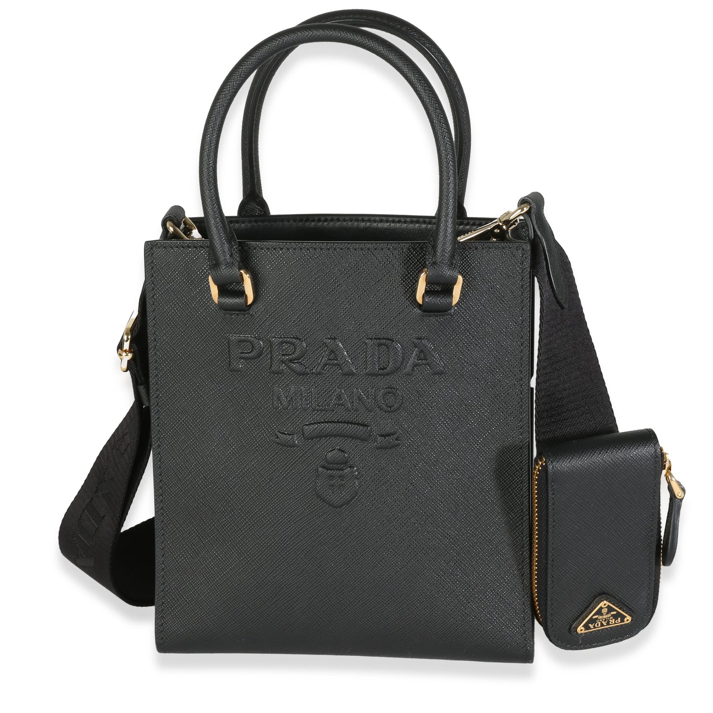 PRADA - Black Saffiano Lux Embossed Logo Mini Tote Crossbody Bag
