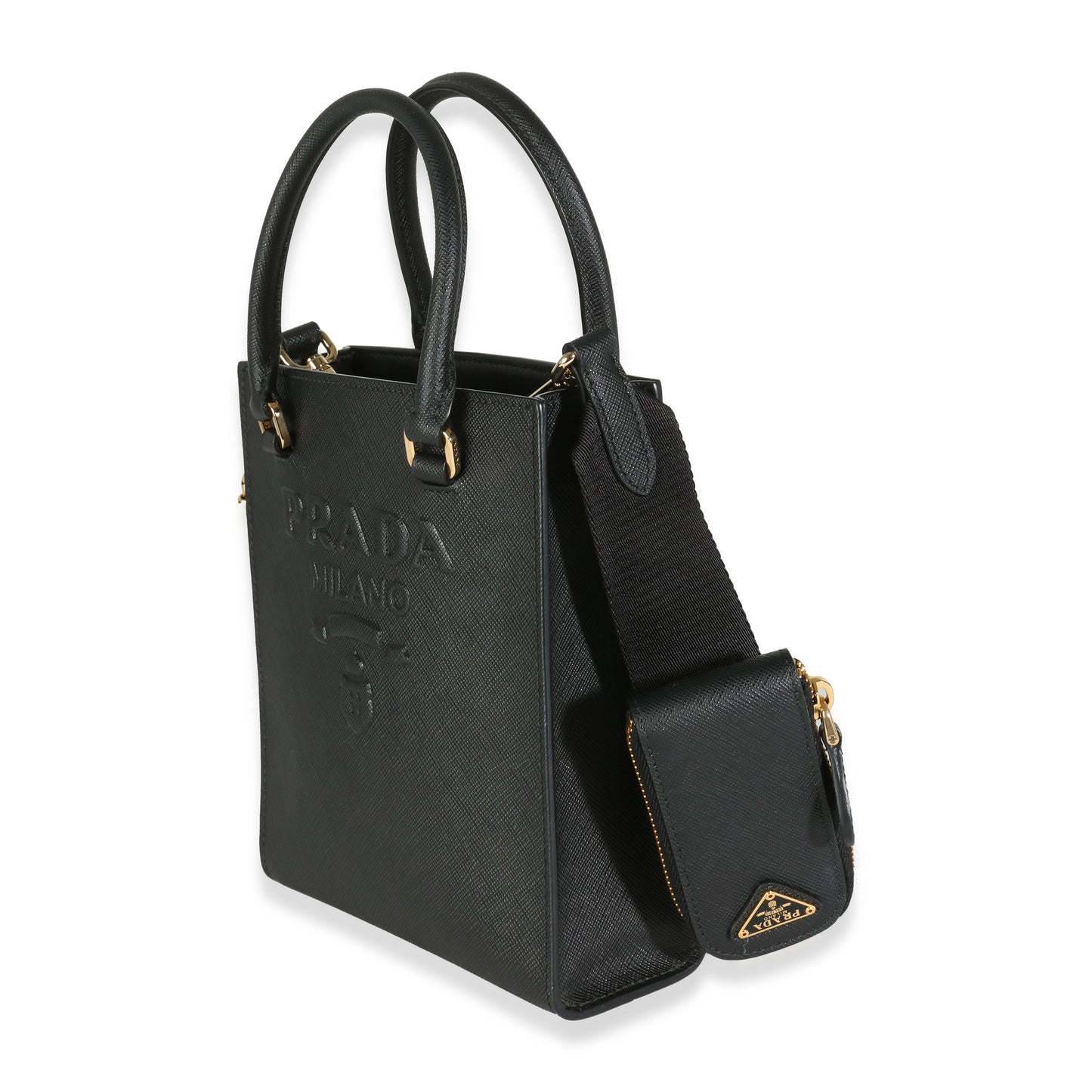 PRADA - Black Saffiano Lux Embossed Logo Mini Tote Crossbody Bag