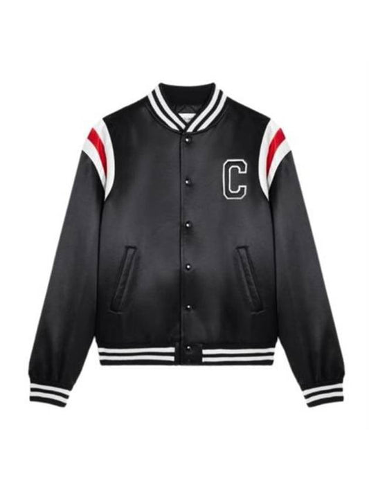 CELINE Men's Logo Patch Satin Bomber Jacket Black