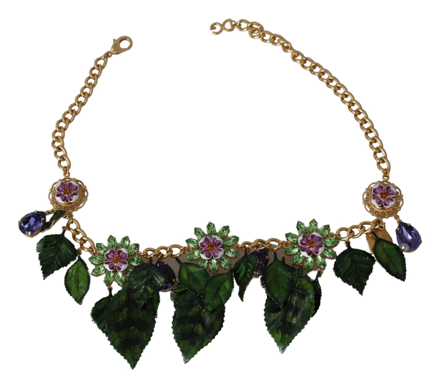 Dolce & Gabbana Green Leaves Gold Brass Crystal Flower Pendant Women's Necklace