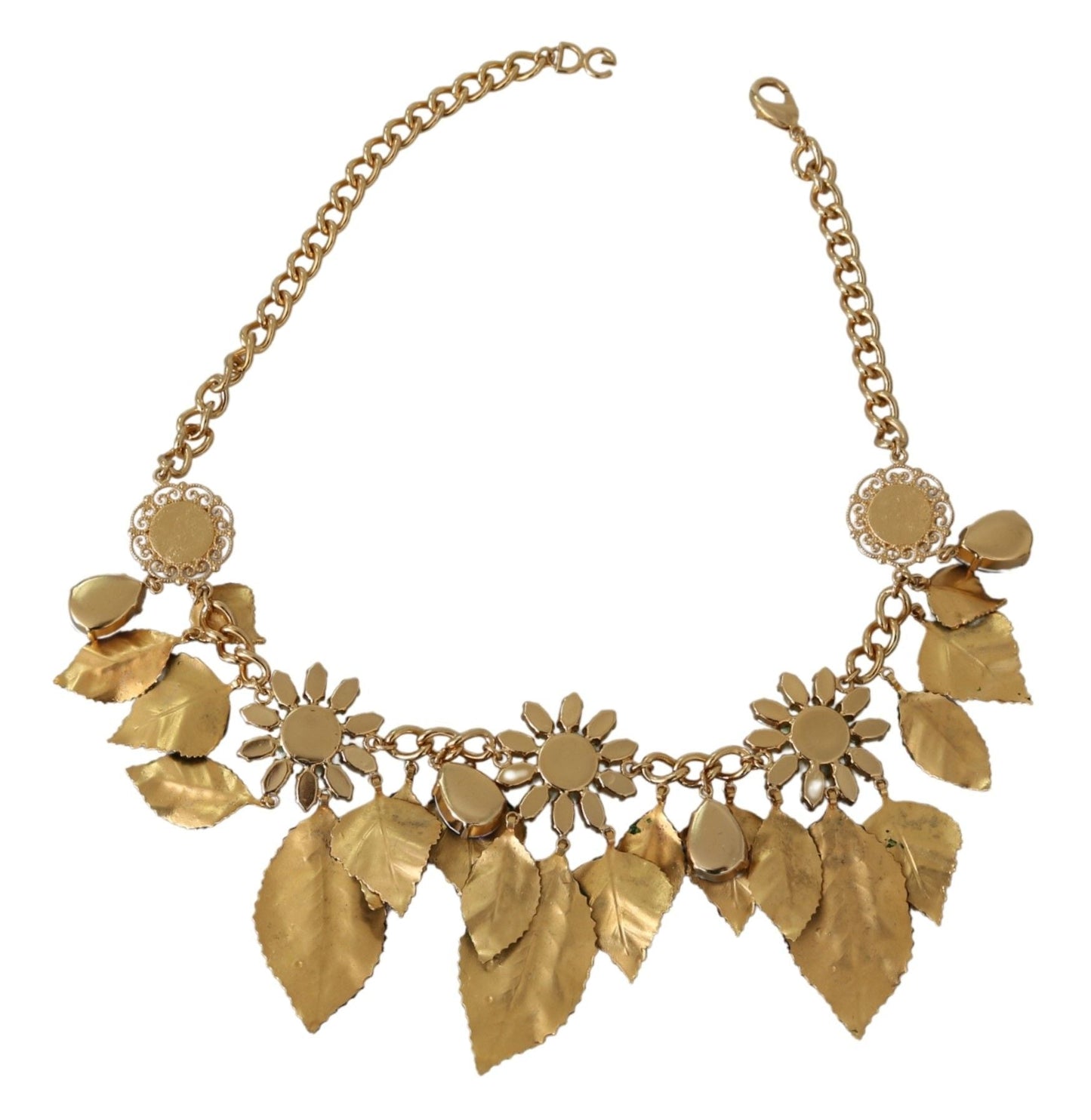 Dolce & Gabbana Green Leaves Gold Brass Crystal Flower Pendant Women's Necklace