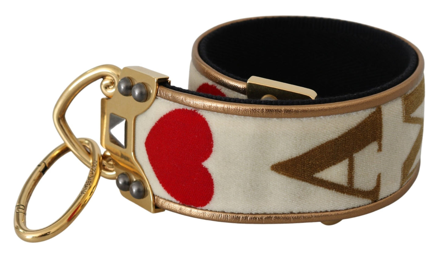 Dolce & Gabbana Gold White Textile Leather AMORE Shoulder Women's Strap