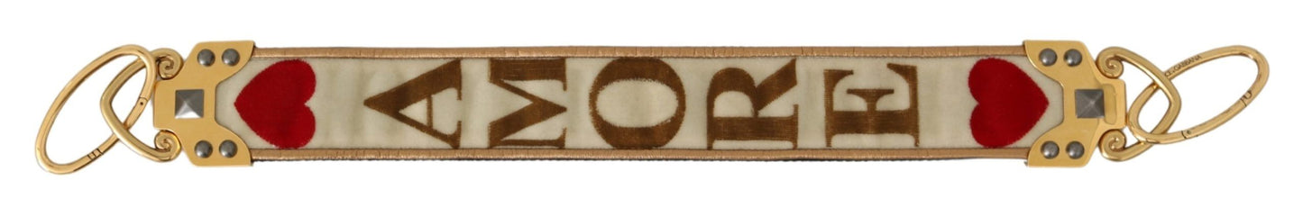 Dolce & Gabbana Gold White Textile Leather AMORE Shoulder Women's Strap