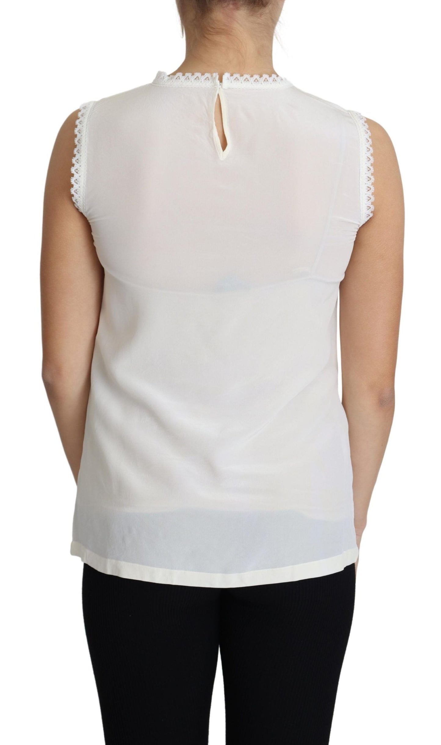 Dolce & Gabbana White Blouse Silk Lace Trimmed Sleeveless Women's Top