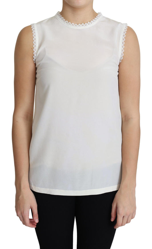 Dolce & Gabbana White Blouse Silk Lace Trimmed Sleeveless Women's Top