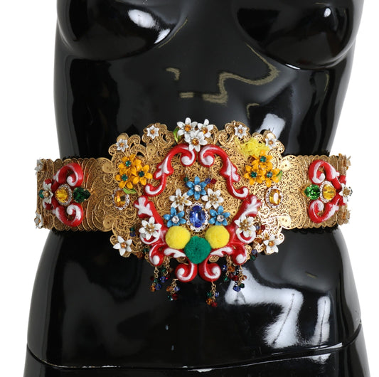 Dolce & Gabbana Embellished Floral Crystal Wide Waist Golden Women's Belt