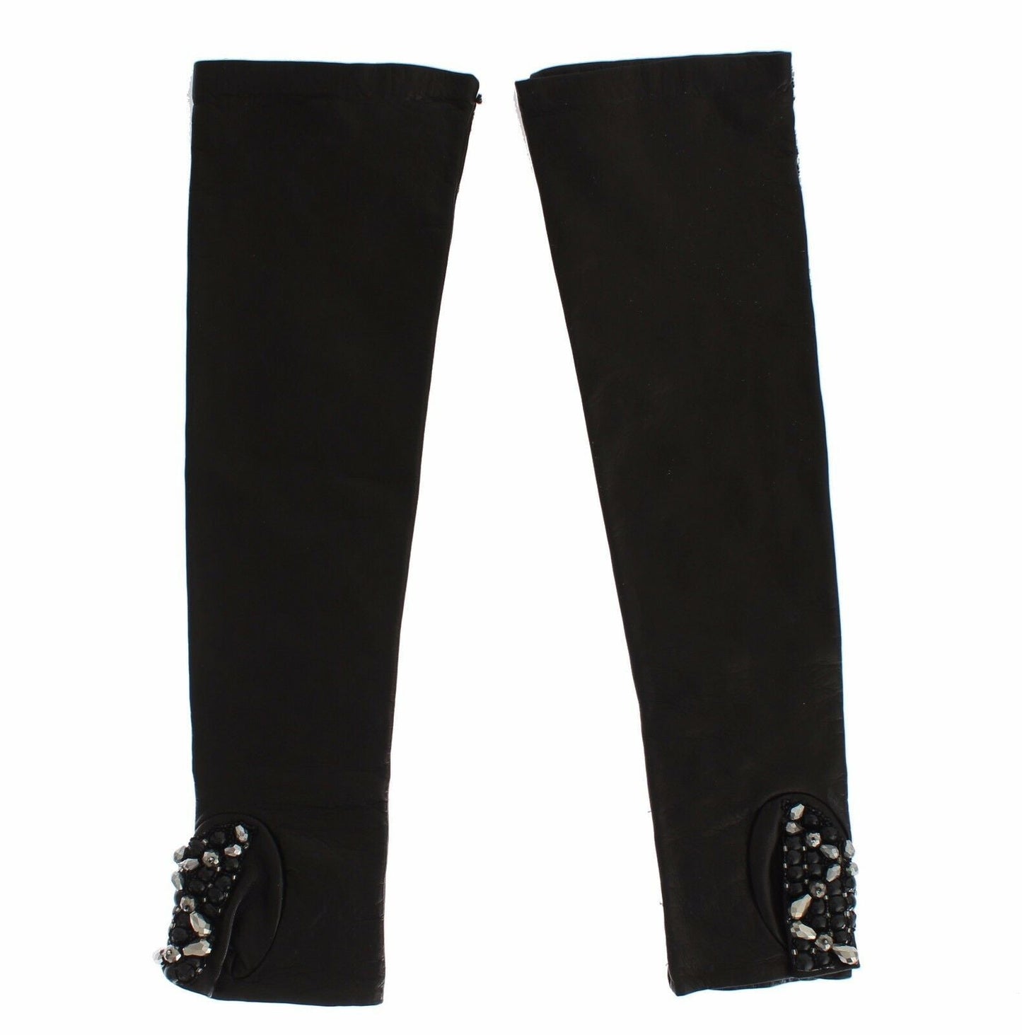 Dolce & Gabbana Black Leather Crystal Beaded Finger Free Women's Gloves