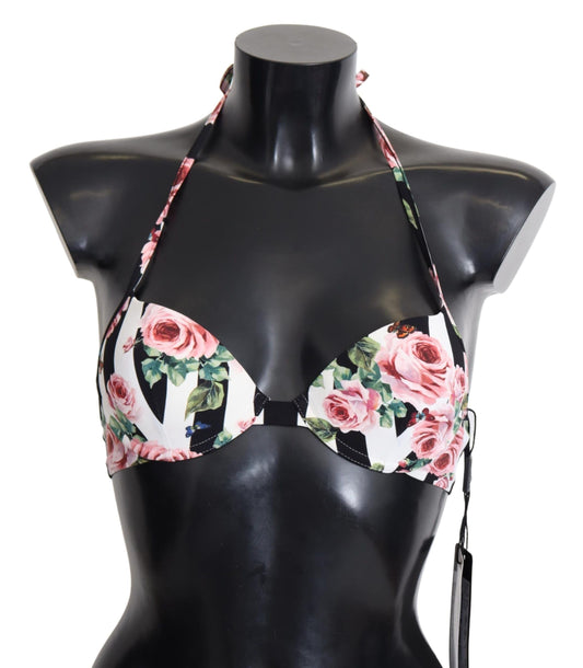 Dolce & Gabbana Multicolor Striped Rose Print Swimwear Bikini Women's Tops